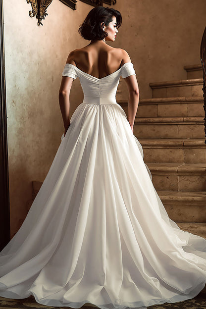 White A Line Off the Shoulder Sweep Train Wedding Dress with Slit