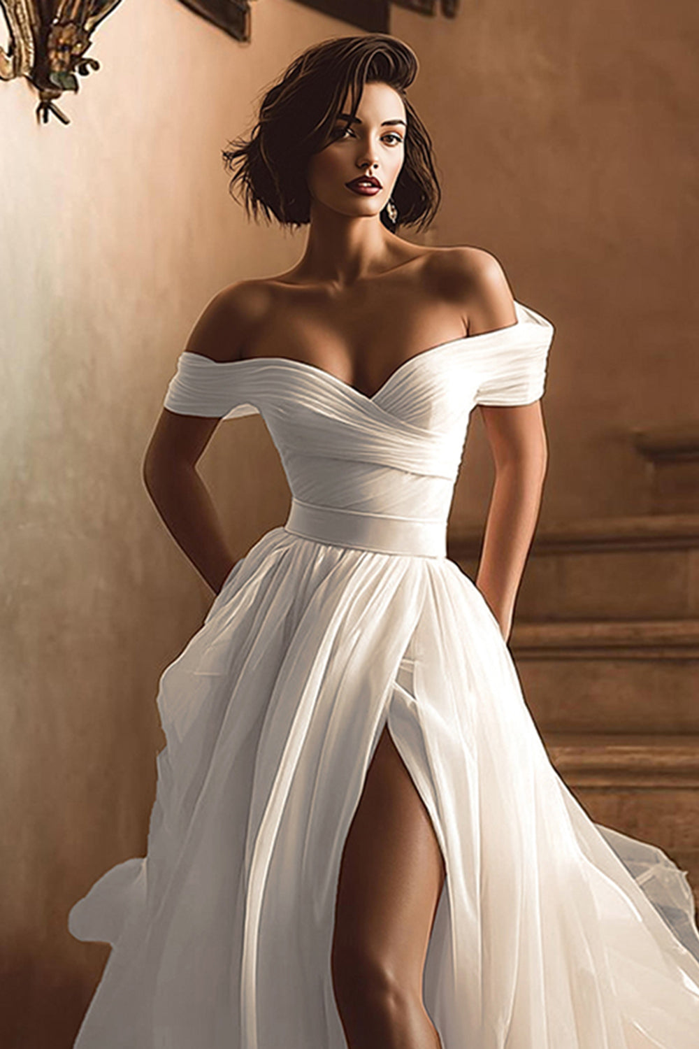 White A Line Off the Shoulder Sweep Train Wedding Dress with Slit
