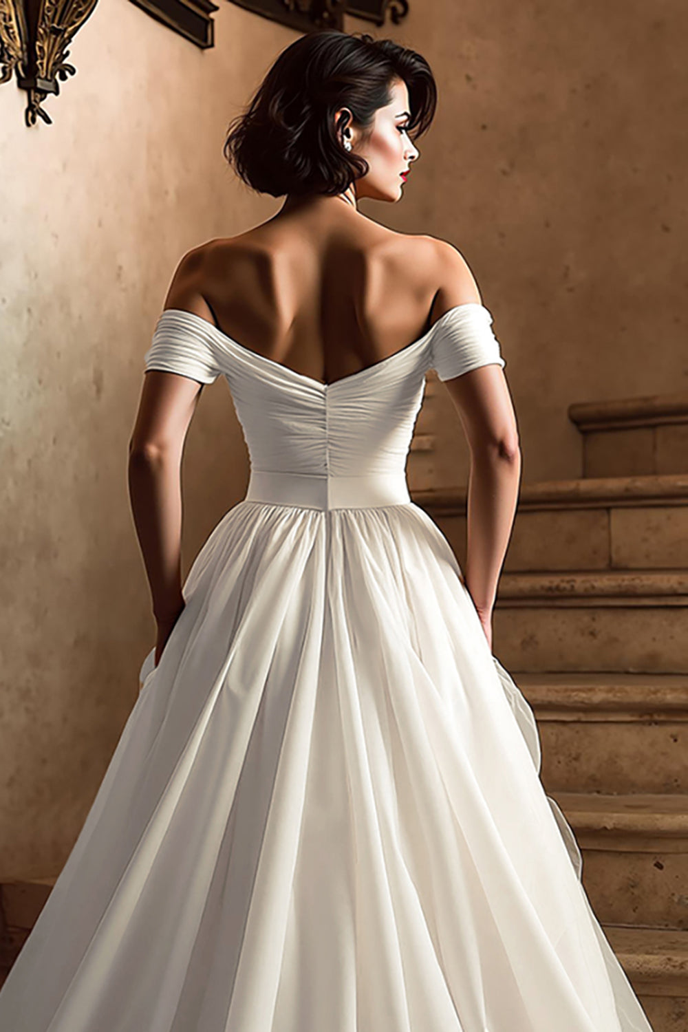 White A Line Off the Shoulder Sweep Train Wedding Dress with Slit