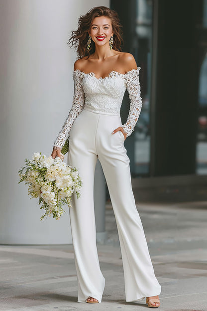 White Long Sleeves Off the Shoulder Bridal Jumpsuits with Pockets