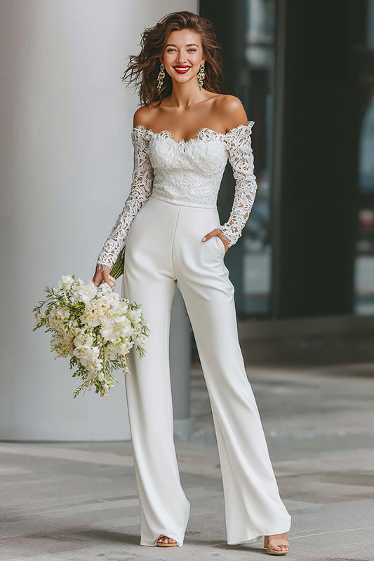 White Long Sleeves Off the Shoulder Bridal Jumpsuits with Pockets