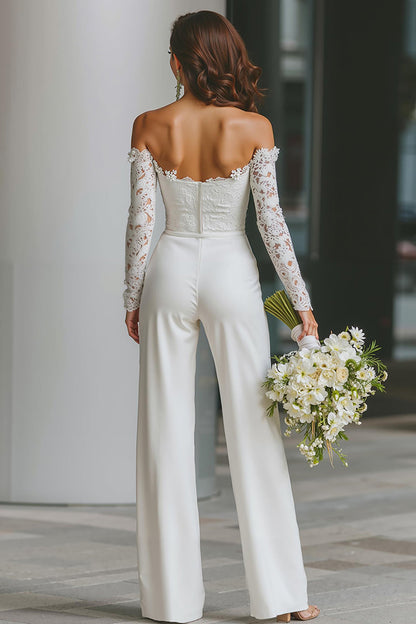 White Long Sleeves Off the Shoulder Bridal Jumpsuits with Pockets
