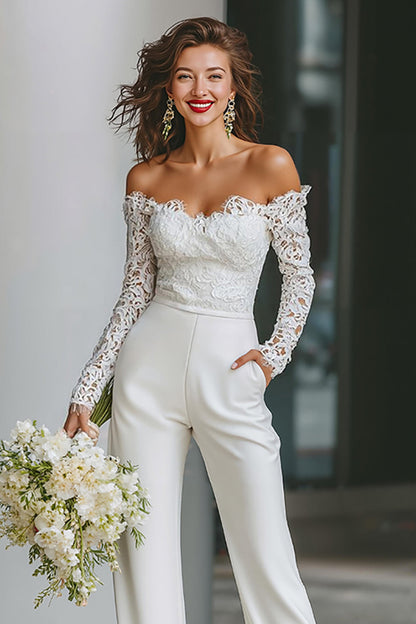 White Long Sleeves Off the Shoulder Bridal Jumpsuits with Pockets