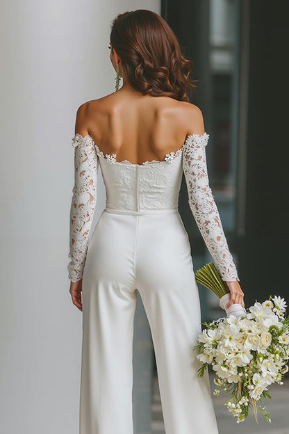 White Long Sleeves Off the Shoulder Bridal Jumpsuits with Pockets