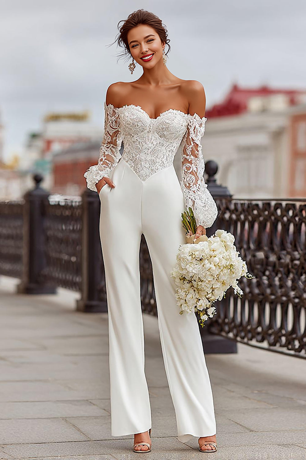 White Long Sleeves Off the Shoulder Bridal Jumpsuits with Lace