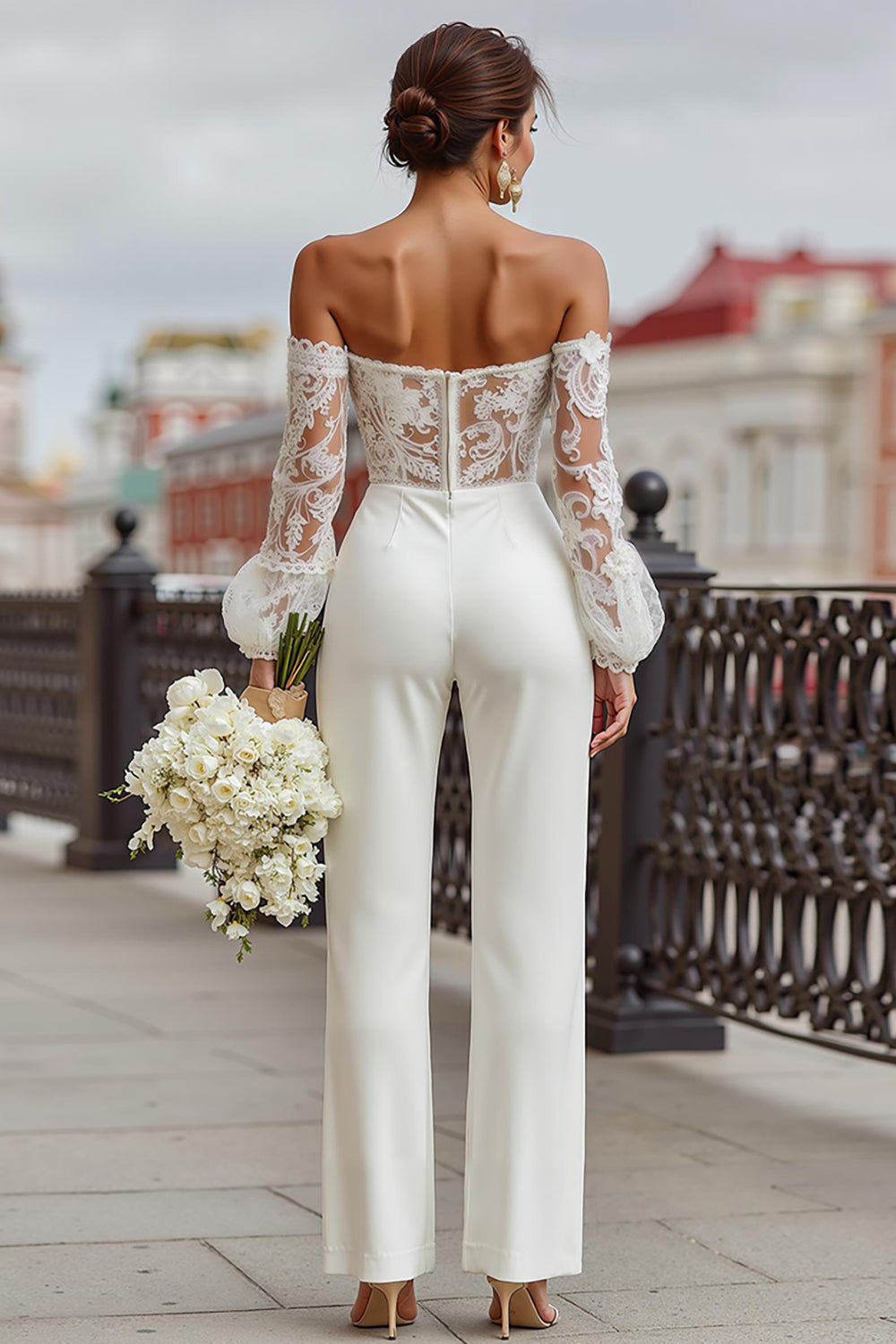White Long Sleeves Off the Shoulder Bridal Jumpsuits with Lace