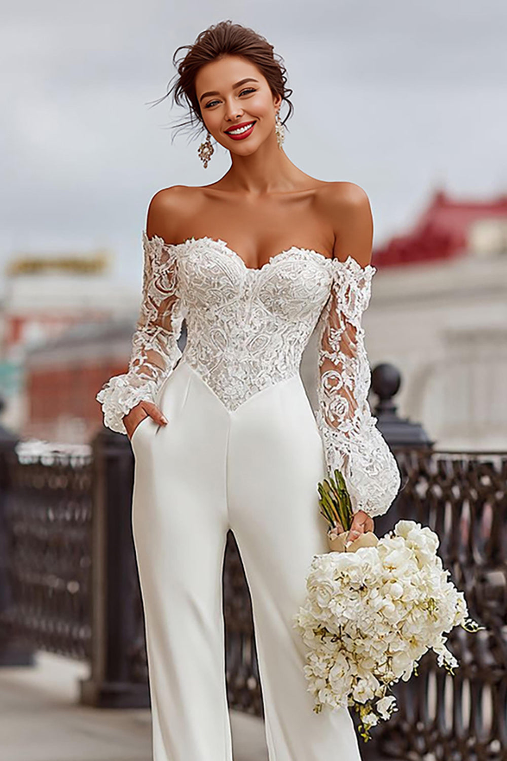 White Long Sleeves Off the Shoulder Bridal Jumpsuits with Lace