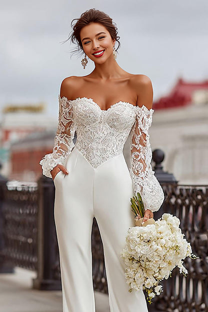 White Long Sleeves Off the Shoulder Bridal Jumpsuits with Lace