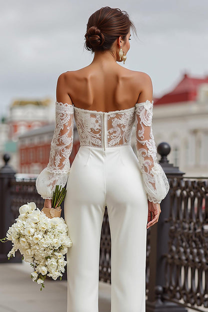 White Long Sleeves Off the Shoulder Bridal Jumpsuits with Lace