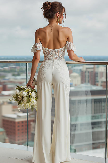 Ivory Off the Shoulder Backless Bridal Jumpsuits with Lace