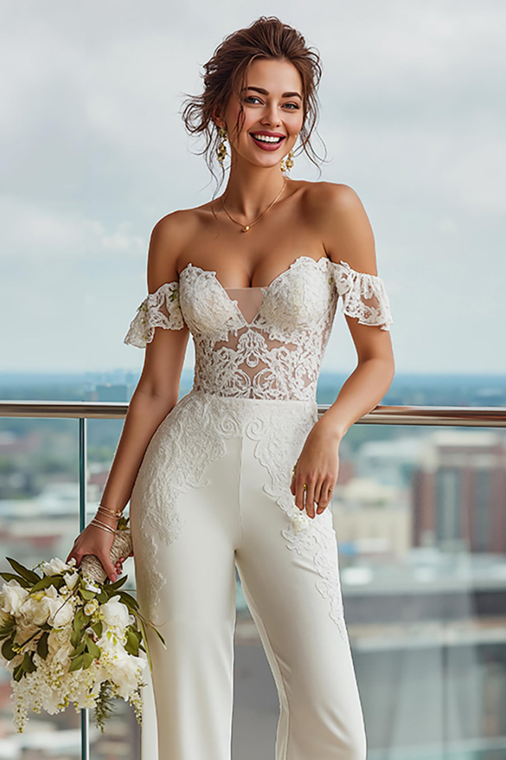 Ivory Off the Shoulder Backless Bridal Jumpsuits with Lace