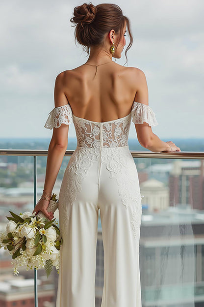 Ivory Off the Shoulder Backless Bridal Jumpsuits with Lace