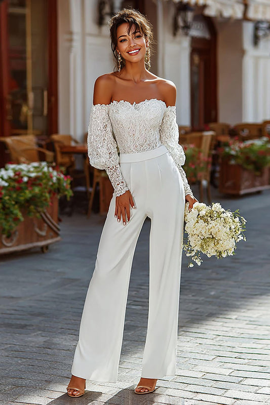 White Strapless Lace Bridal Jumpsuits with Sleeves