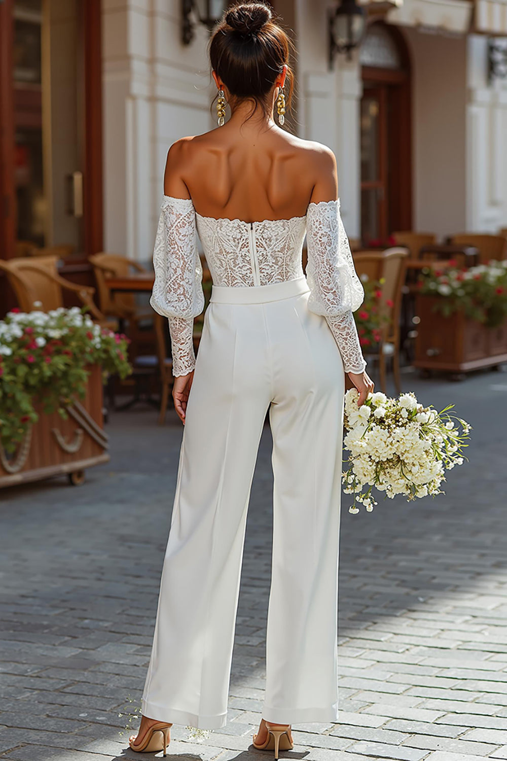 White Strapless Lace Bridal Jumpsuits with Sleeves