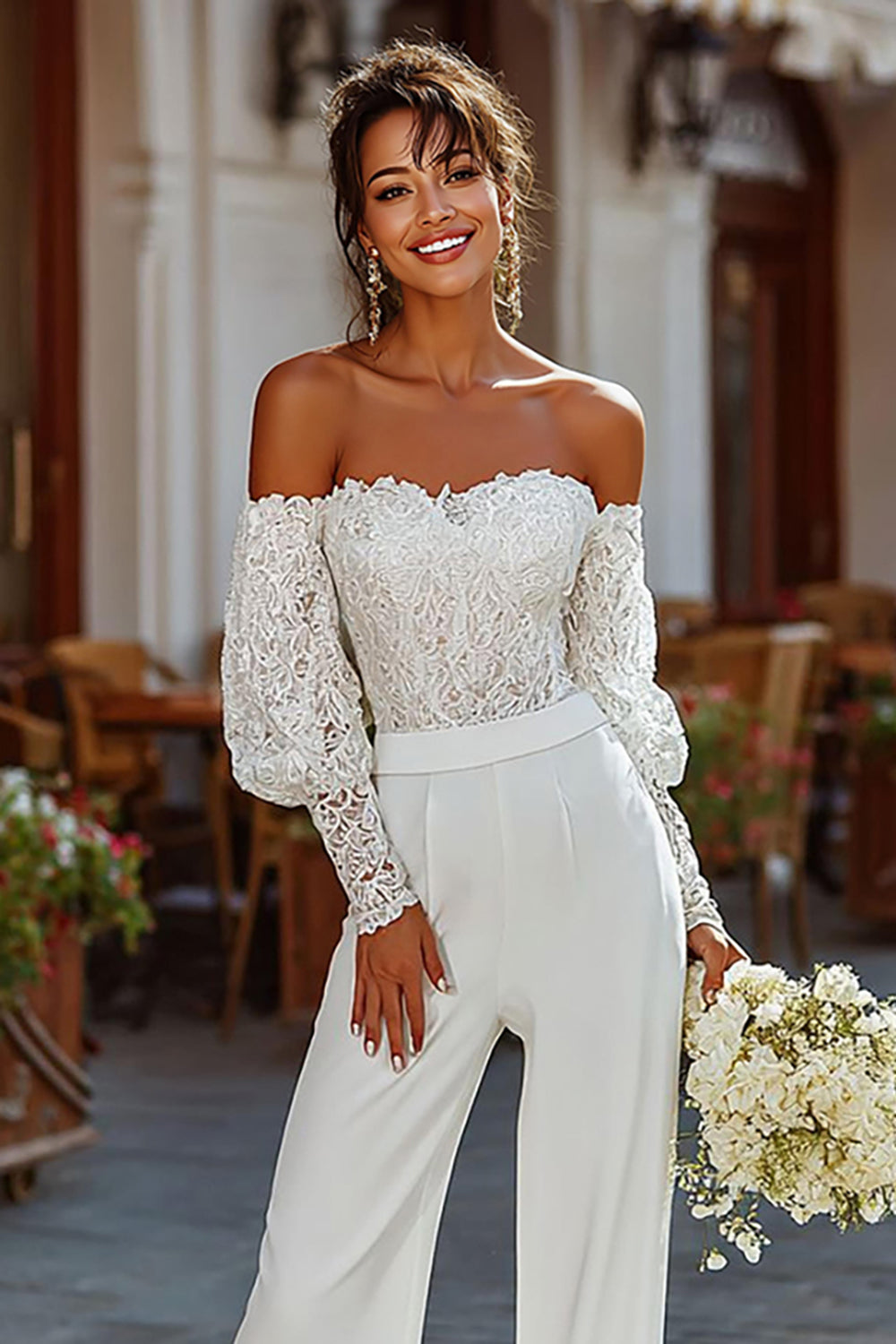 White Strapless Lace Bridal Jumpsuits with Sleeves