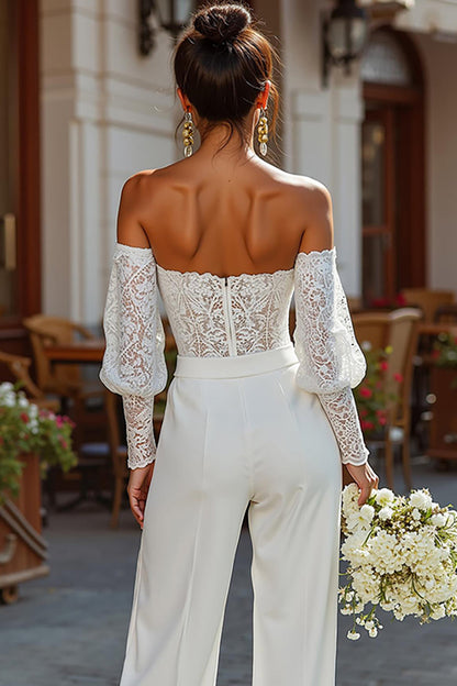 White Strapless Lace Bridal Jumpsuits with Sleeves
