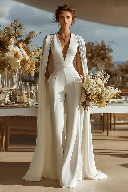 Ivory Deep V-Neck Satin Bridal Jumpsuits with Cape