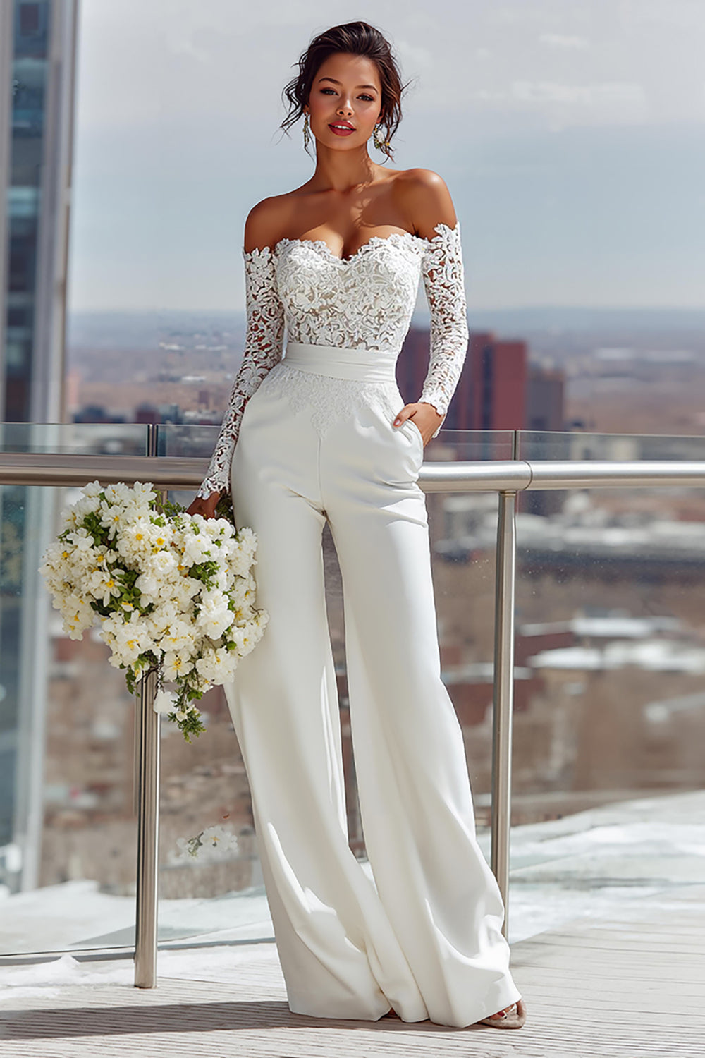 White Satin Sweetheart Bridal Jumpsuits with Lace
