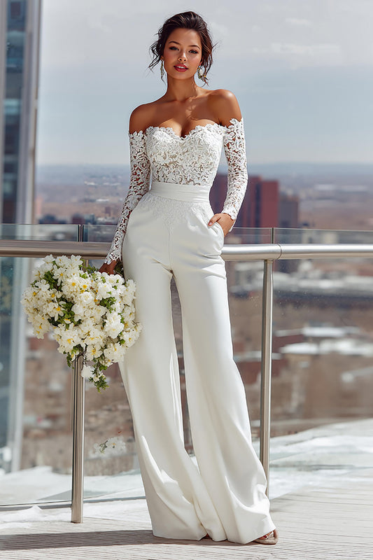 White Satin Sweetheart Bridal Jumpsuits with Lace