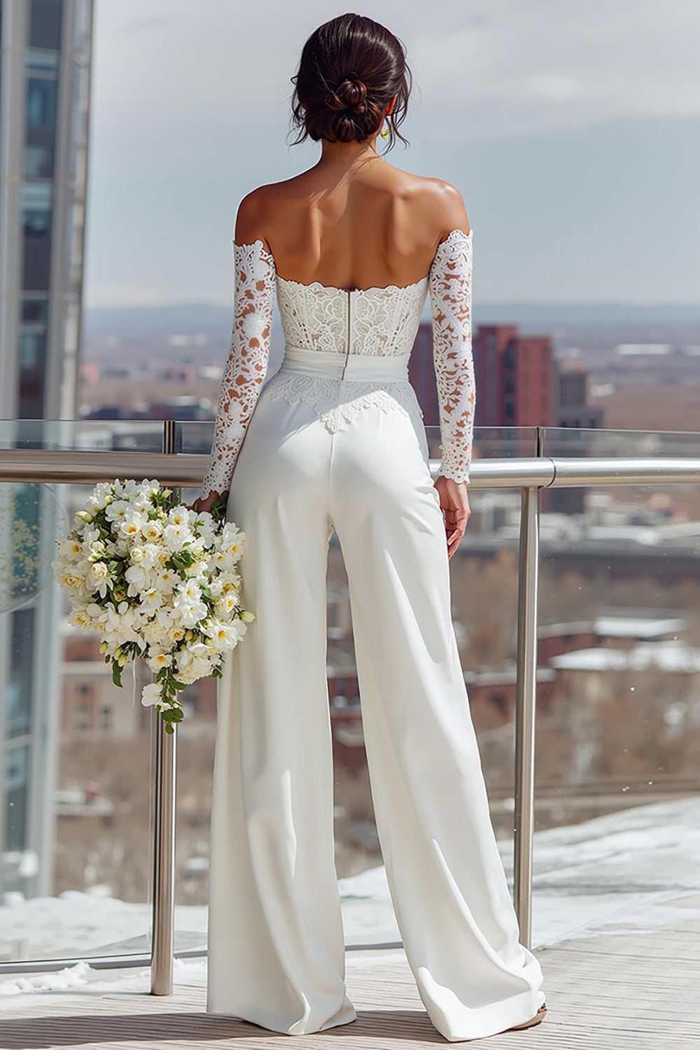 White Satin Sweetheart Bridal Jumpsuits with Lace