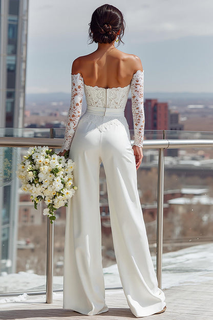 White Satin Sweetheart Bridal Jumpsuits with Lace
