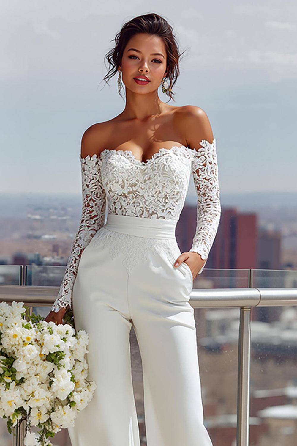 White Satin Sweetheart Bridal Jumpsuits with Lace