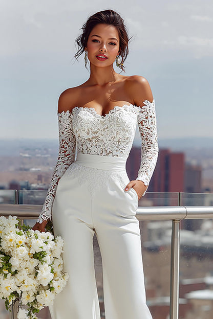 White Satin Sweetheart Bridal Jumpsuits with Lace