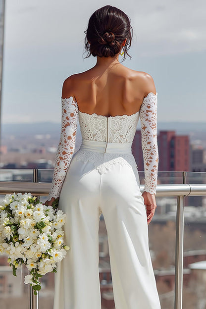 White Satin Sweetheart Bridal Jumpsuits with Lace