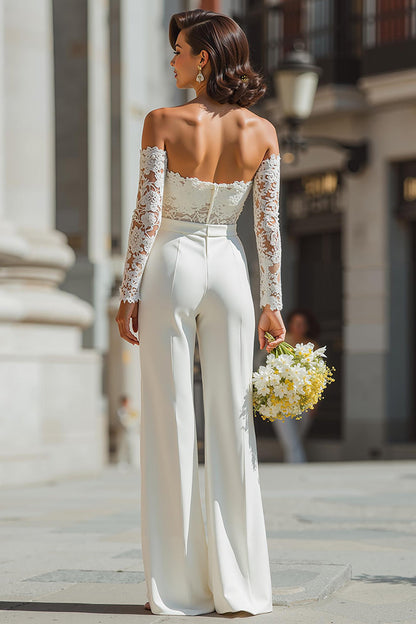 White Appliqued Sweetheart Bridal Jumpsuits with Sleeves