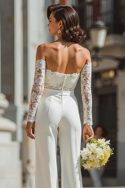 White Appliqued Sweetheart Bridal Jumpsuits with Sleeves