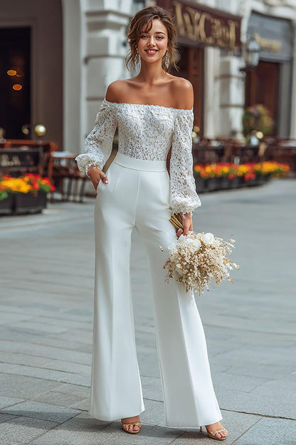 White Wide Leg Long Sleeves Bridal Jumpsuits with Appliques