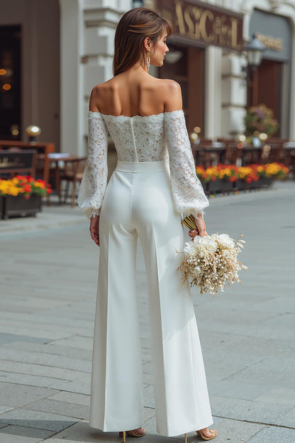 White Wide Leg Long Sleeves Bridal Jumpsuits with Appliques