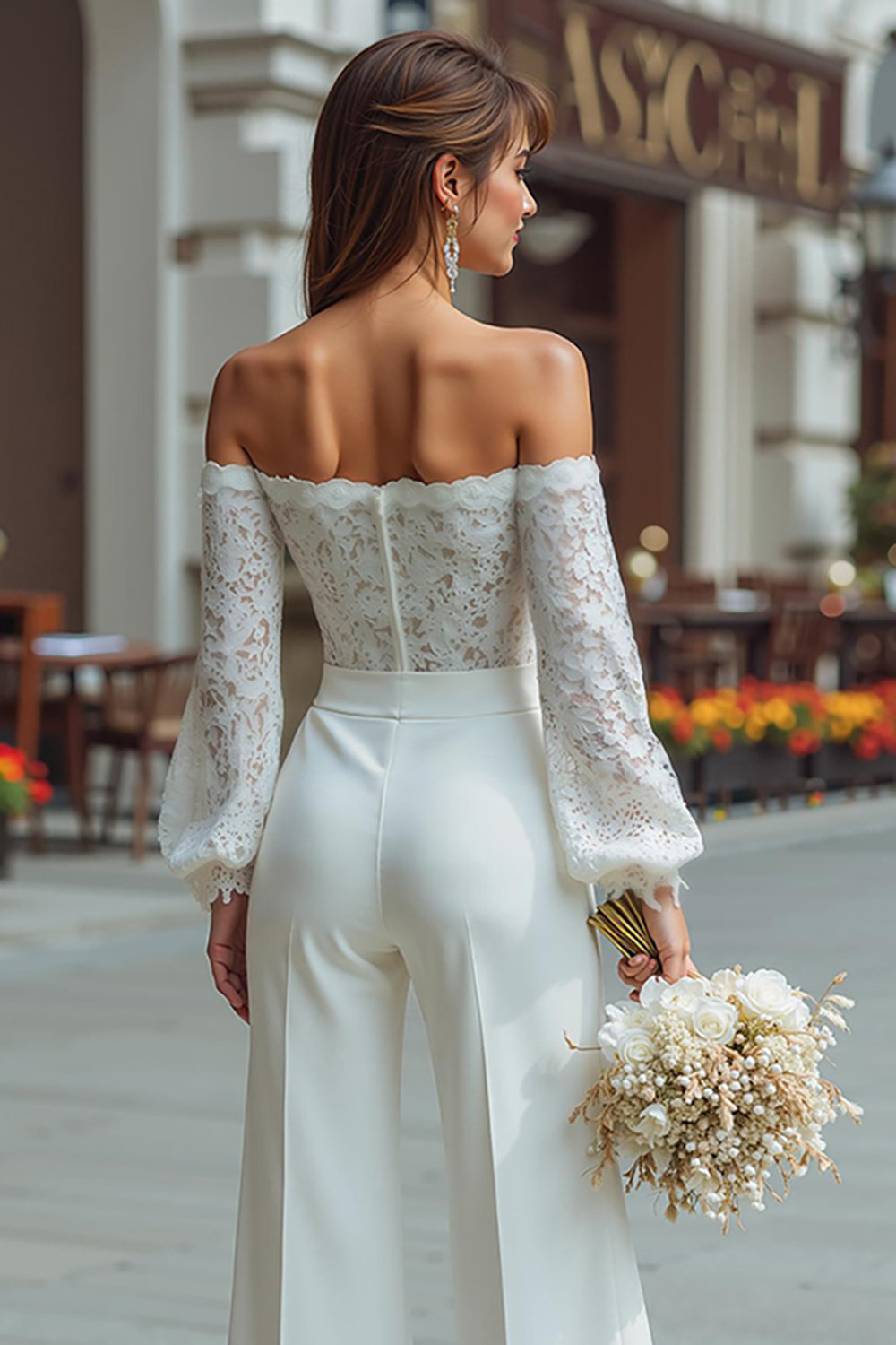 White Wide Leg Long Sleeves Bridal Jumpsuits with Appliques