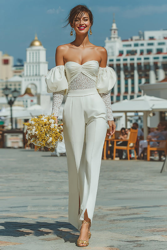 White Sweetheart Puff Sleeves Bridal Jumpsuits with Lace