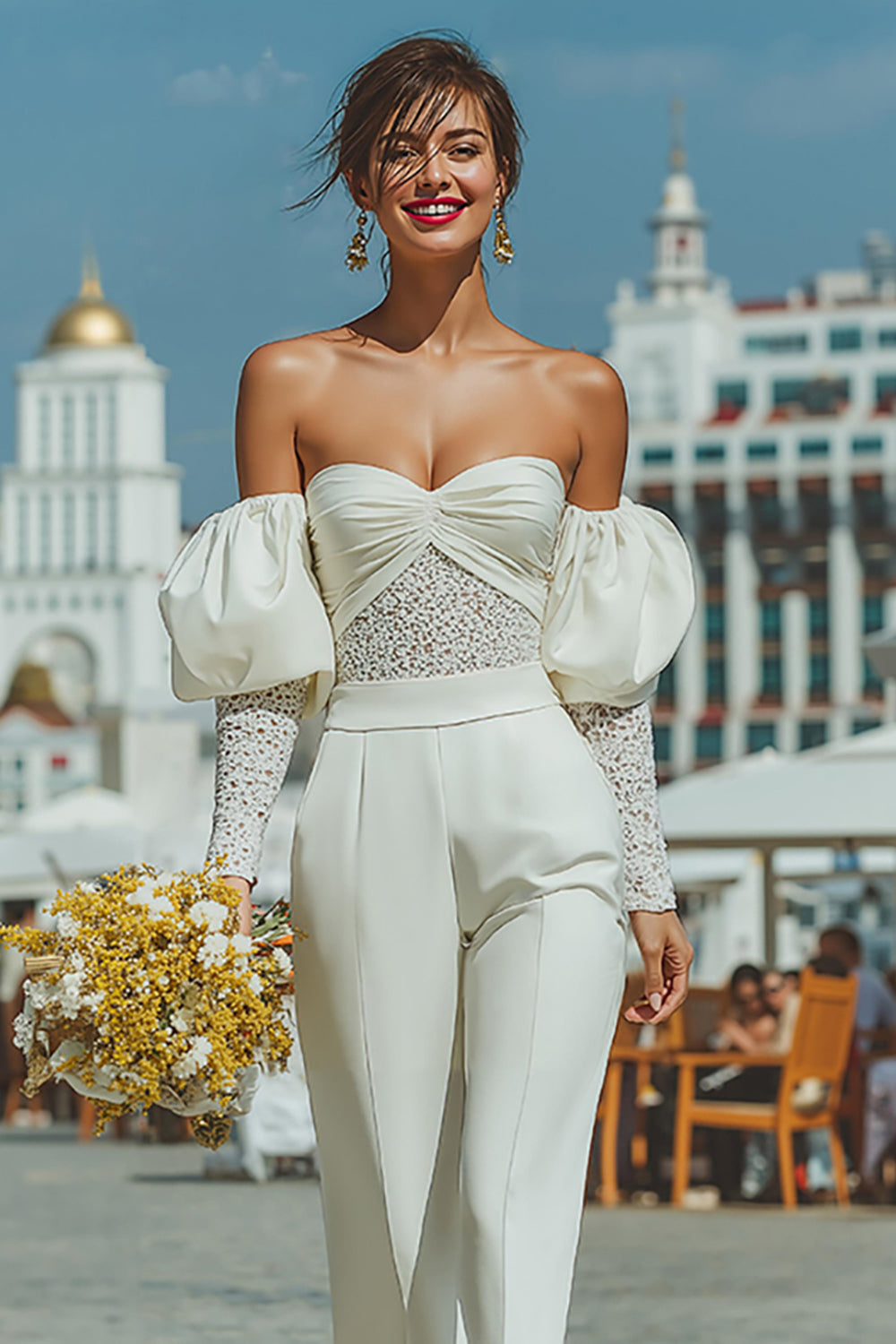 White Sweetheart Puff Sleeves Bridal Jumpsuits with Lace