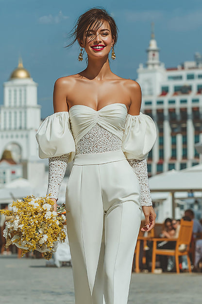 White Sweetheart Puff Sleeves Bridal Jumpsuits with Lace