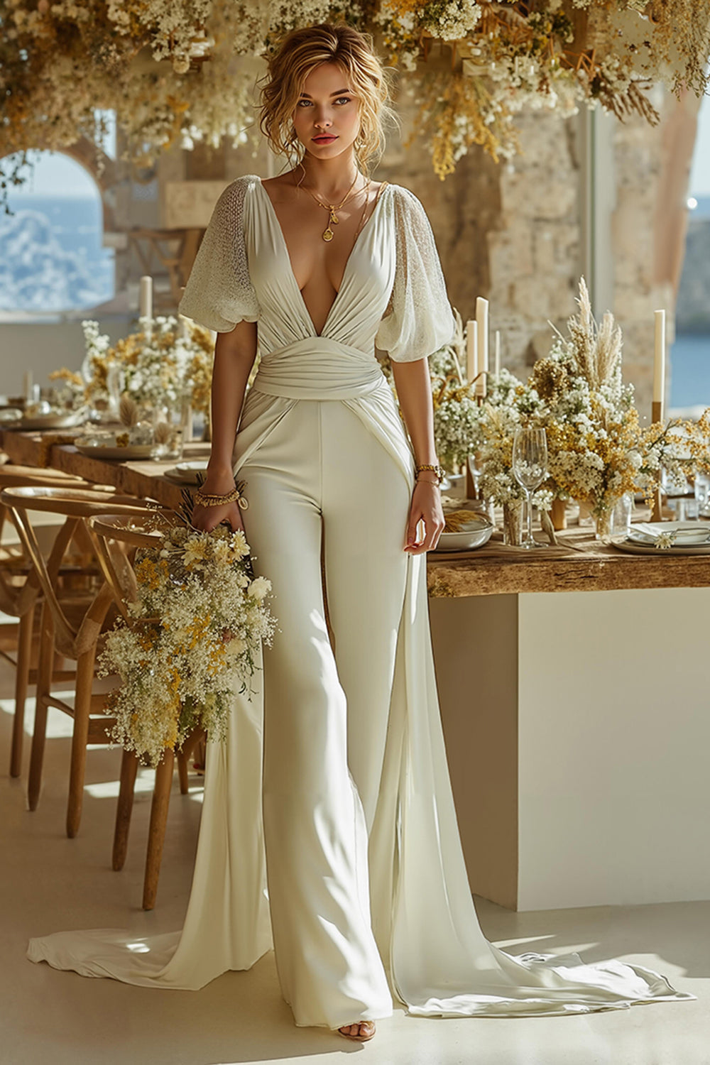 Ivory Deep V-Neck Short Sleeves Bridal Jumpsuits with Cape