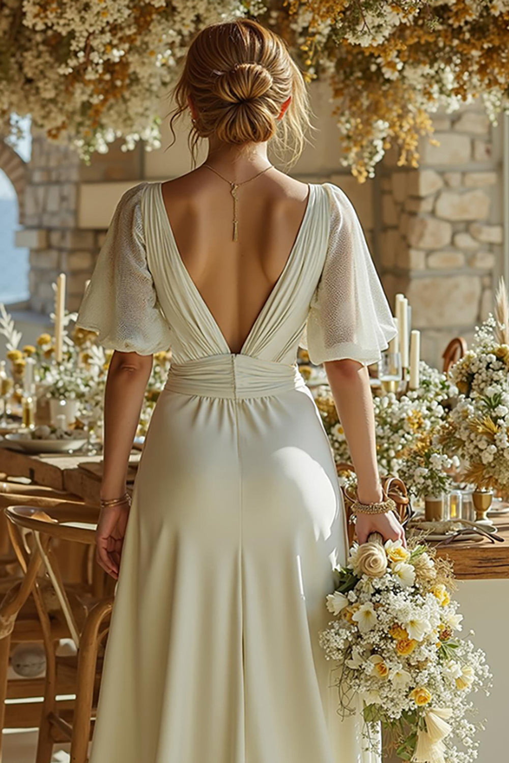 Ivory Deep V-Neck Short Sleeves Bridal Jumpsuits with Cape