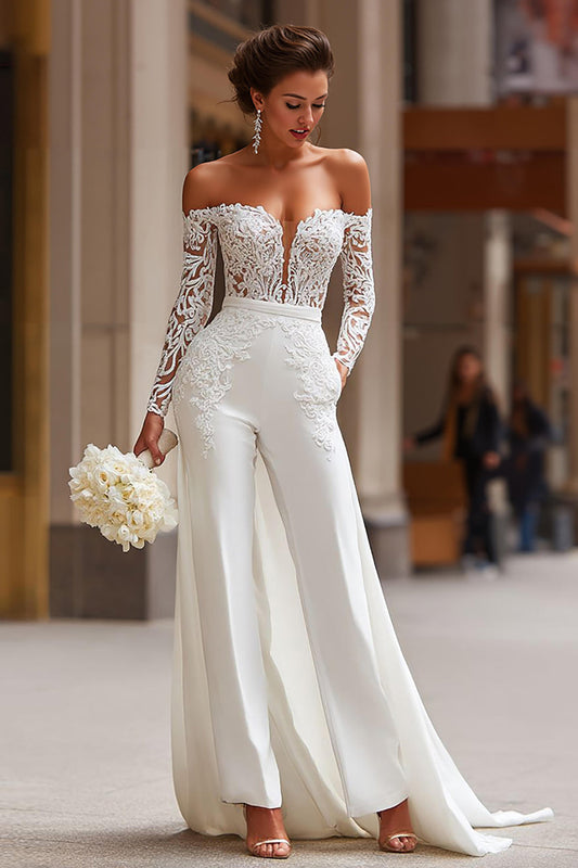 White Long Sleeves Appliqued Bridal Jumpsuits with Cape