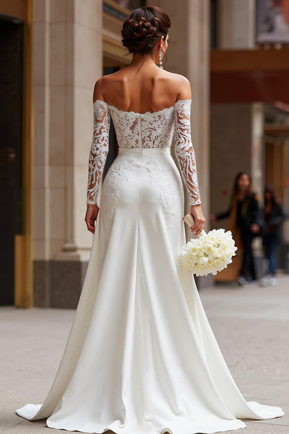 White Long Sleeves Appliqued Bridal Jumpsuits with Cape