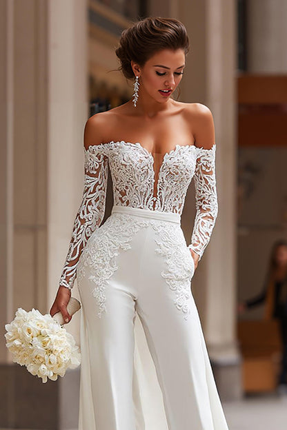White Long Sleeves Appliqued Bridal Jumpsuits with Cape