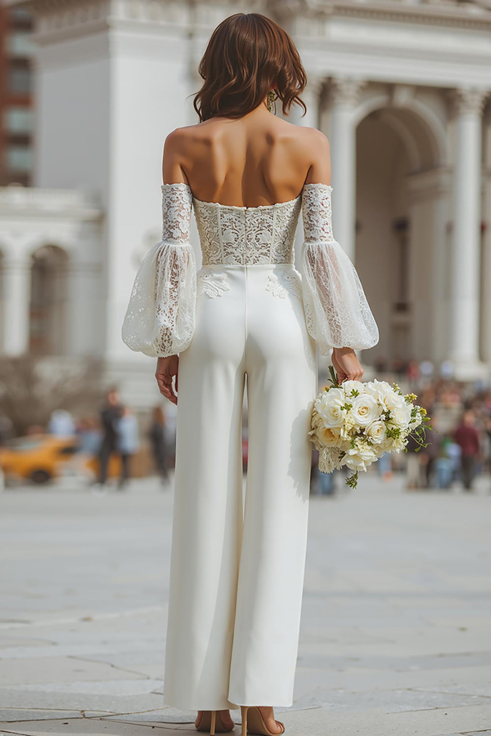 White Appliqued Long Sleeves Bridal Jumpsuits with Pockets
