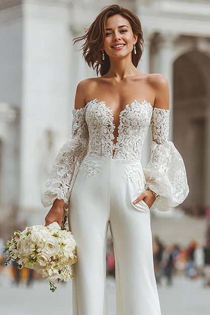 White Appliqued Long Sleeves Bridal Jumpsuits with Pockets