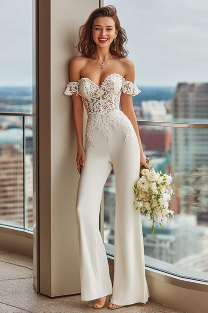 White Lace Off the Shoulder Bridal Jumpsuits