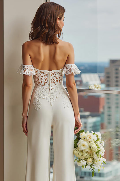 White Lace Off the Shoulder Bridal Jumpsuits