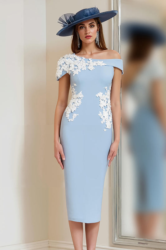 Light Blue Bodycon One Shoulder Floral Midi Mother of the Bride Dress with Slit
