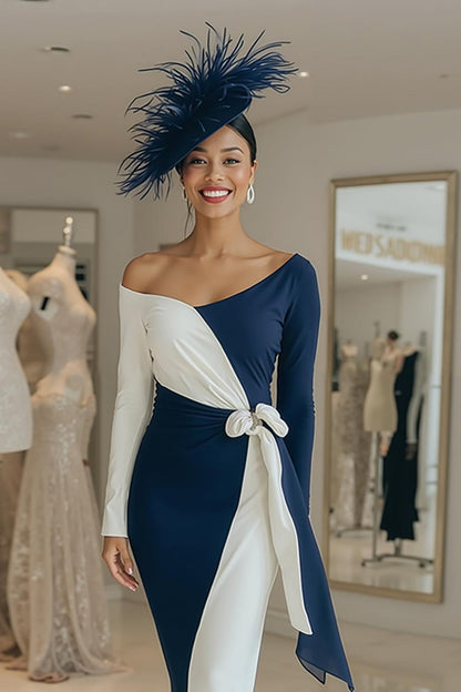 Black and White One Shoulder Midi Mother of the Bride Dress with Sash