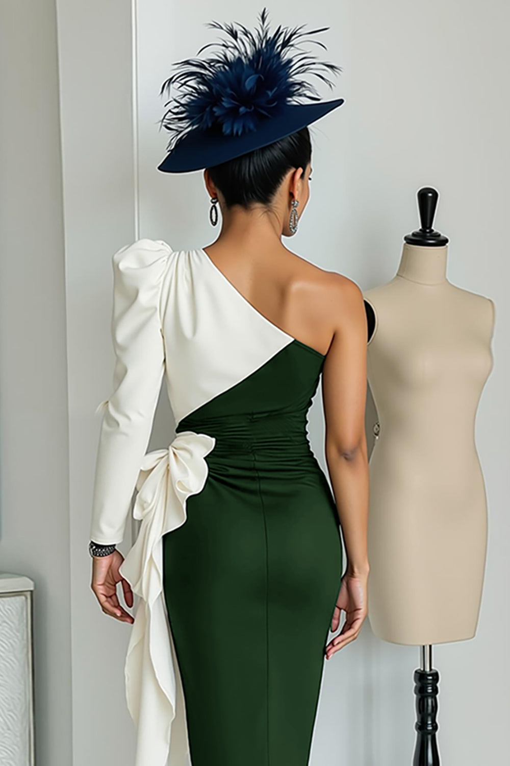 Black and White One Shoulder Midi Mother of the Bride Dress with Sleeves