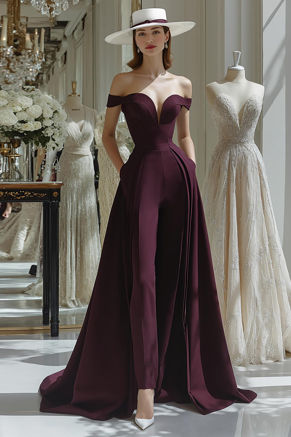 Cabernet A Line Satin Off the Shoulder Long Mother of the Bride Jumpsuits
