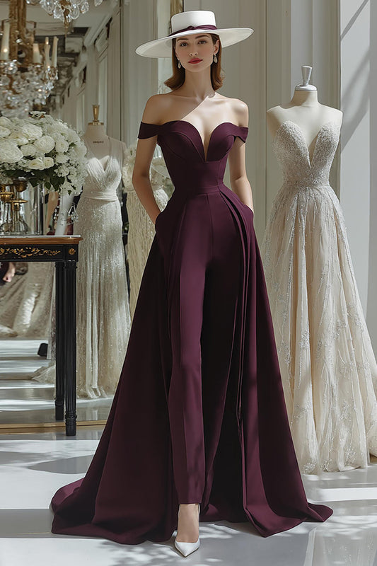 Cabernet A Line Satin Off the Shoulder Long Mother of the Bride Jumpsuits